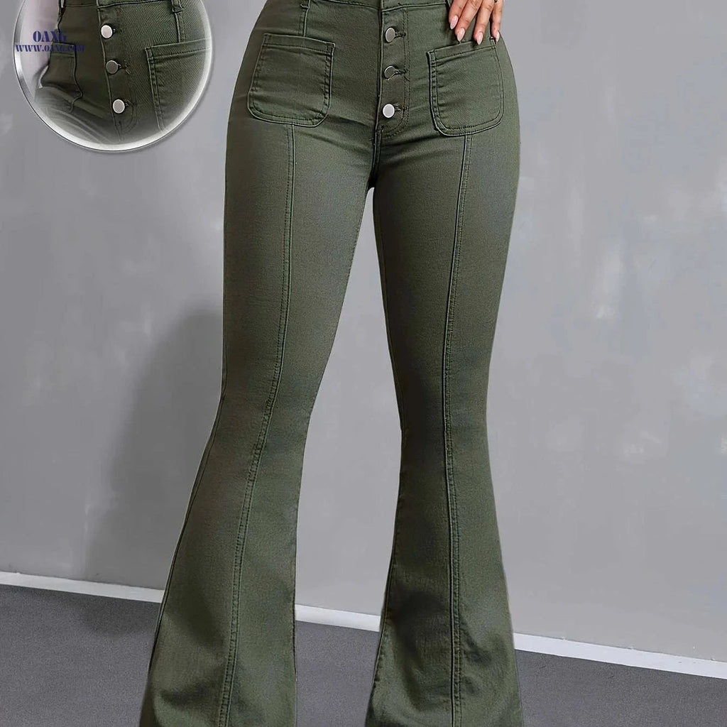 Women's High Rise Green Flare Leg Jeans - Stretchy Denim for Casual Style   OAXG Army Green / XS