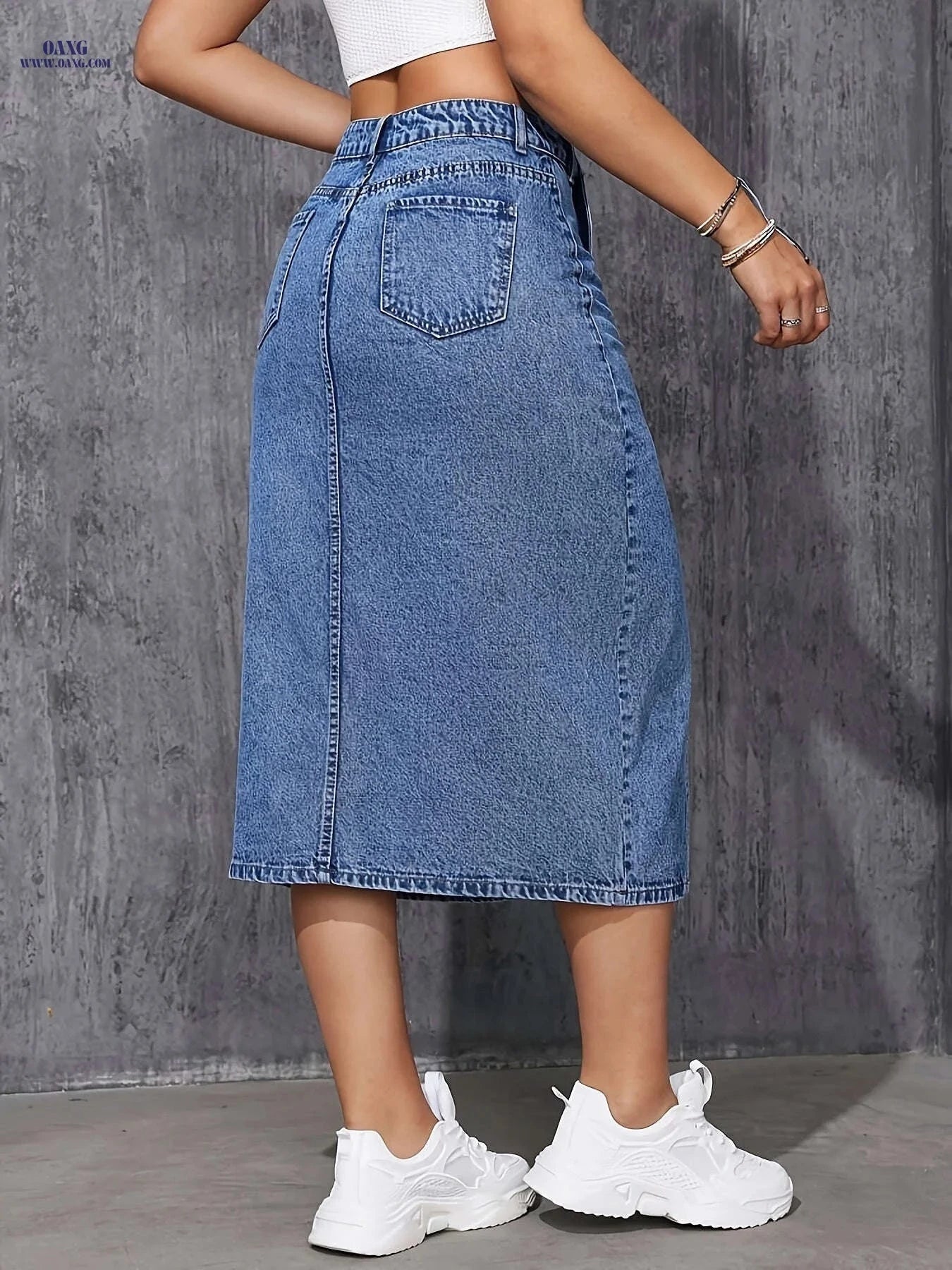 Women's High-Slit Denim Skirt - Casual Asymmetrical Fashion   OAXG Sea Blue / S