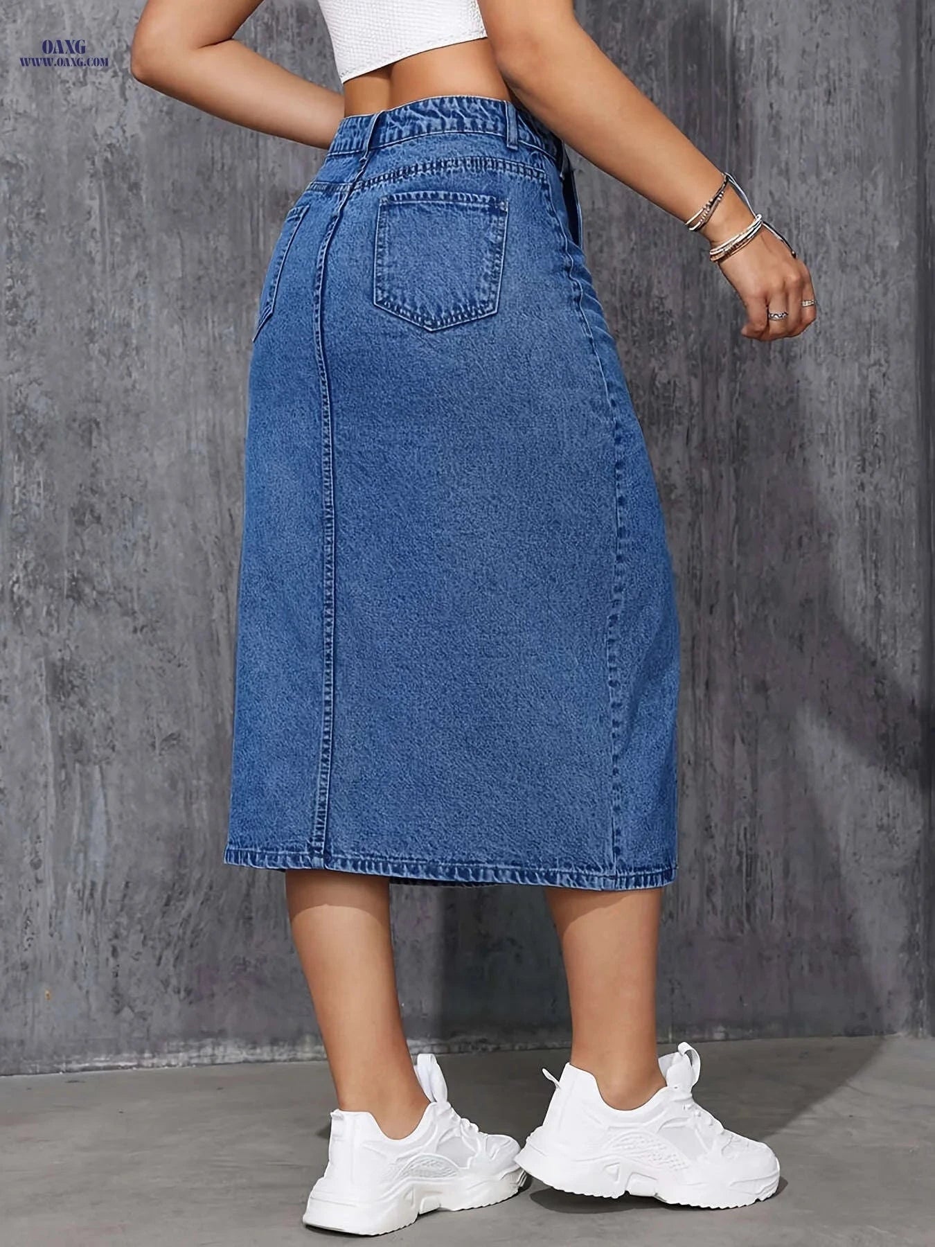Women's High-Slit Denim Skirt - Casual Asymmetrical Fashion   OAXG Sea Blue / S