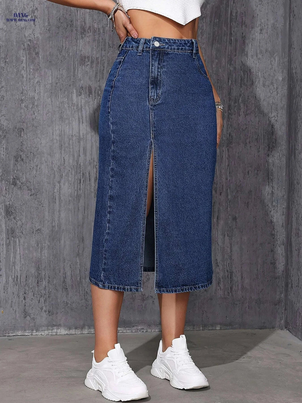 Women's High-Slit Denim Skirt - Casual Asymmetrical Fashion   OAXG Sea Blue / S