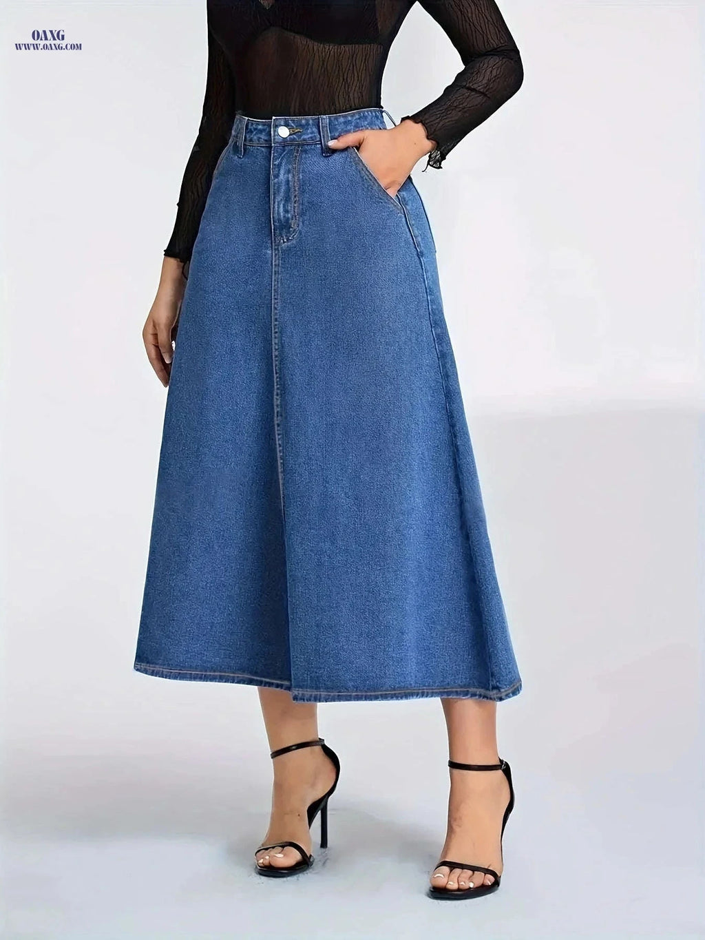 Women's High-Stretch A-Line Denim Skirt - Long Length with Pockets   OAXG Medium Blue / S
