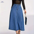 Women's High-Stretch A-Line Denim Skirt - Long Length with Pockets   OAXG Medium Blue / S