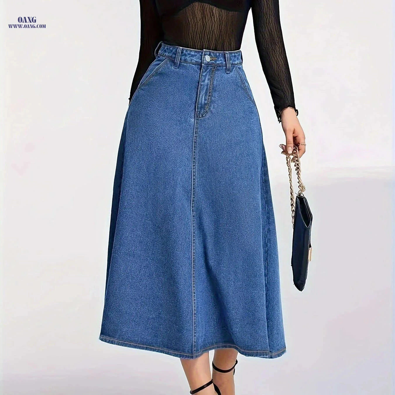 Women's High-Stretch A-Line Denim Skirt - Long Length with Pockets   OAXG Medium Blue / S