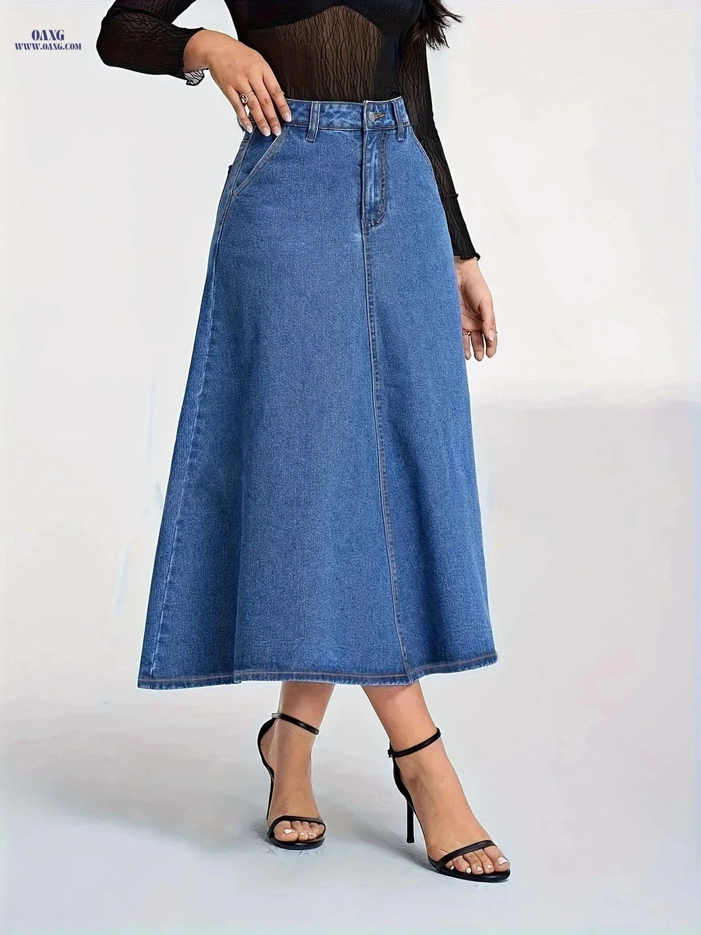 Women's High-Stretch A-Line Denim Skirt - Long Length with Pockets   OAXG Medium Blue / S