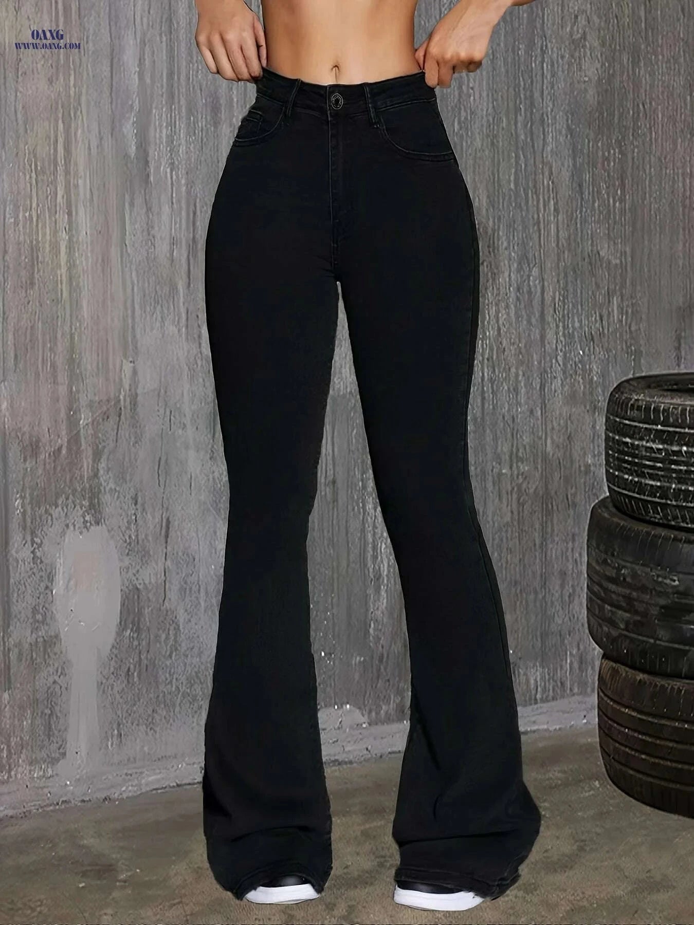 Women's High-Stretch Black Flare Jeans - Elegant Design for All Occasions   OAXG Black / XS