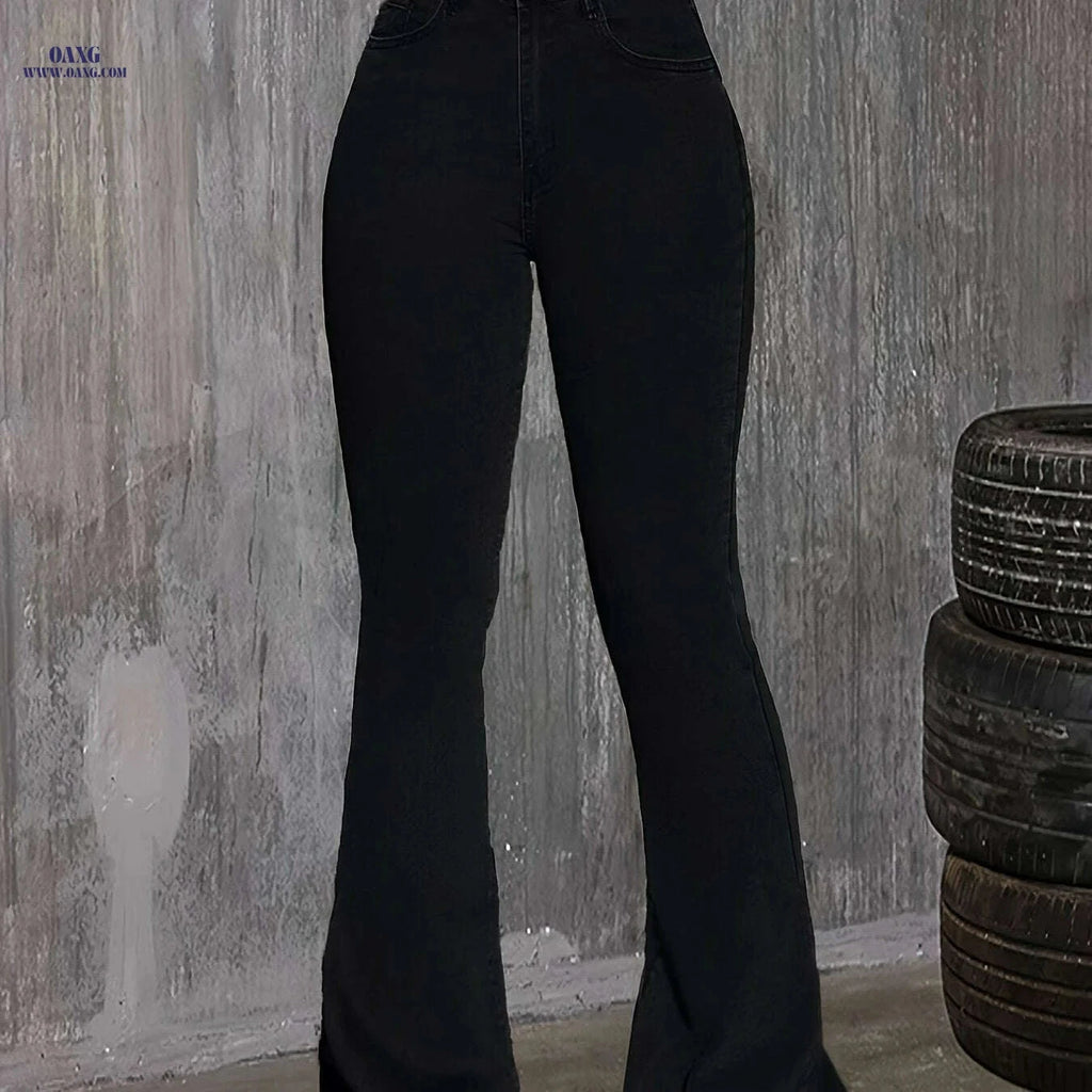 Women's High-Stretch Black Flare Jeans - Elegant Design for All Occasions   OAXG Black / XS