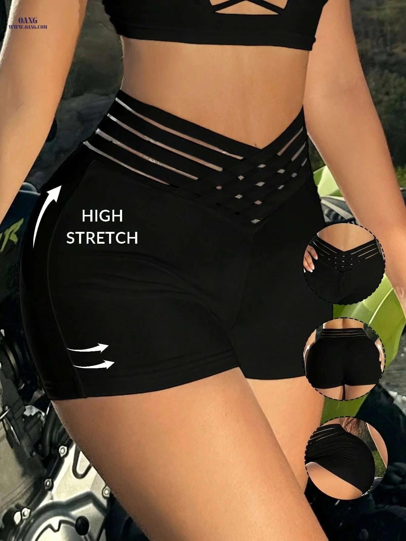 Women's High-Stretch Black Shorts - Comfortable Polyester, Casual Style   OAXG 