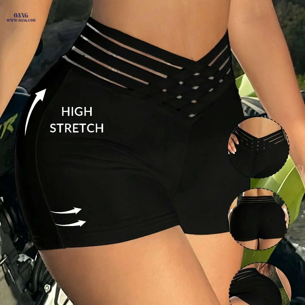 Women's High-Stretch Black Shorts - Comfortable Polyester, Casual Style   OAXG 