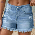 Women's High-Stretch Denim Shorts - Elastic Waist, Fringe Hem Design   OAXG 