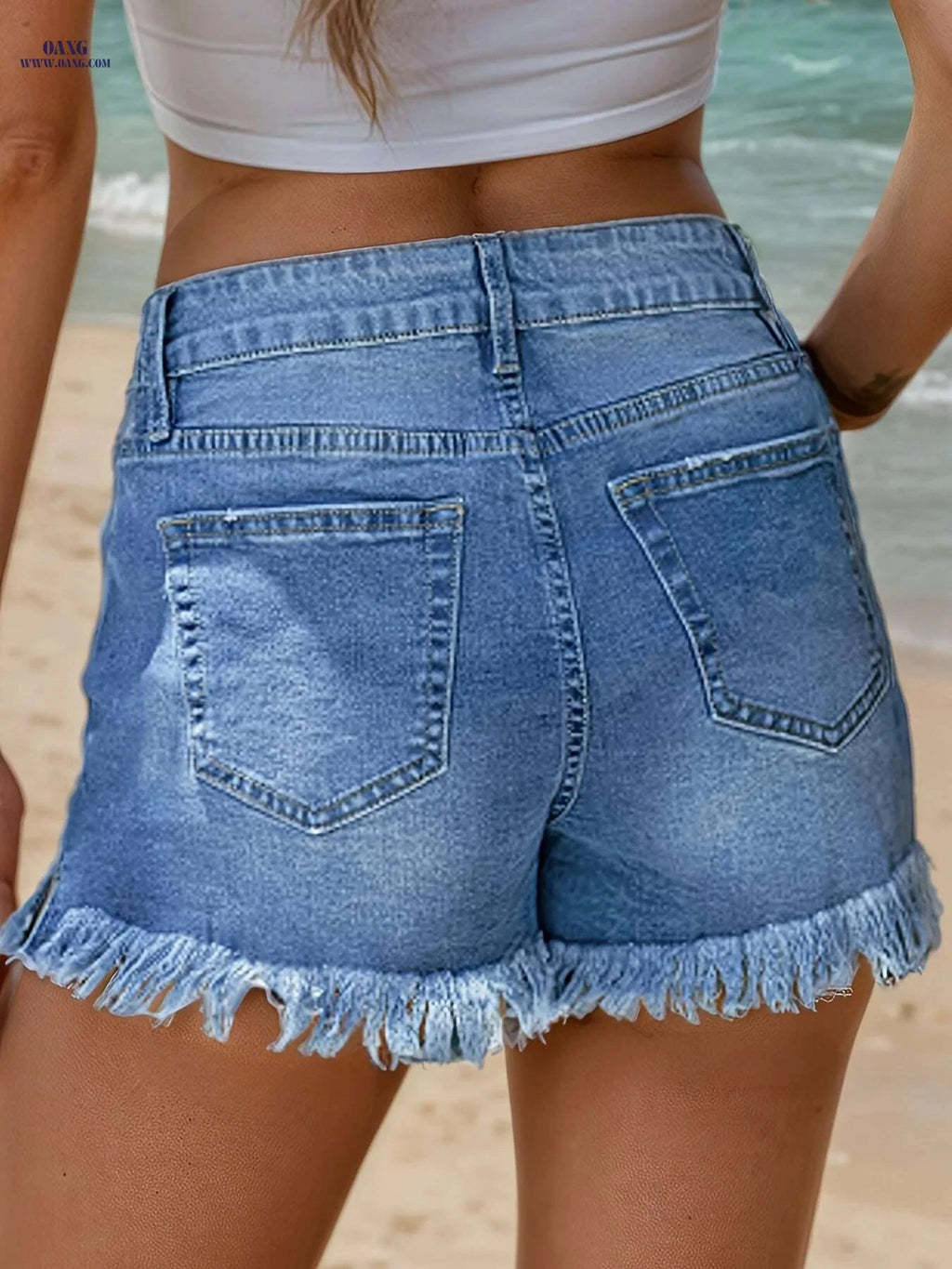 Women's High-Stretch Denim Shorts - Elastic Waist, Fringe Hem Design   OAXG 