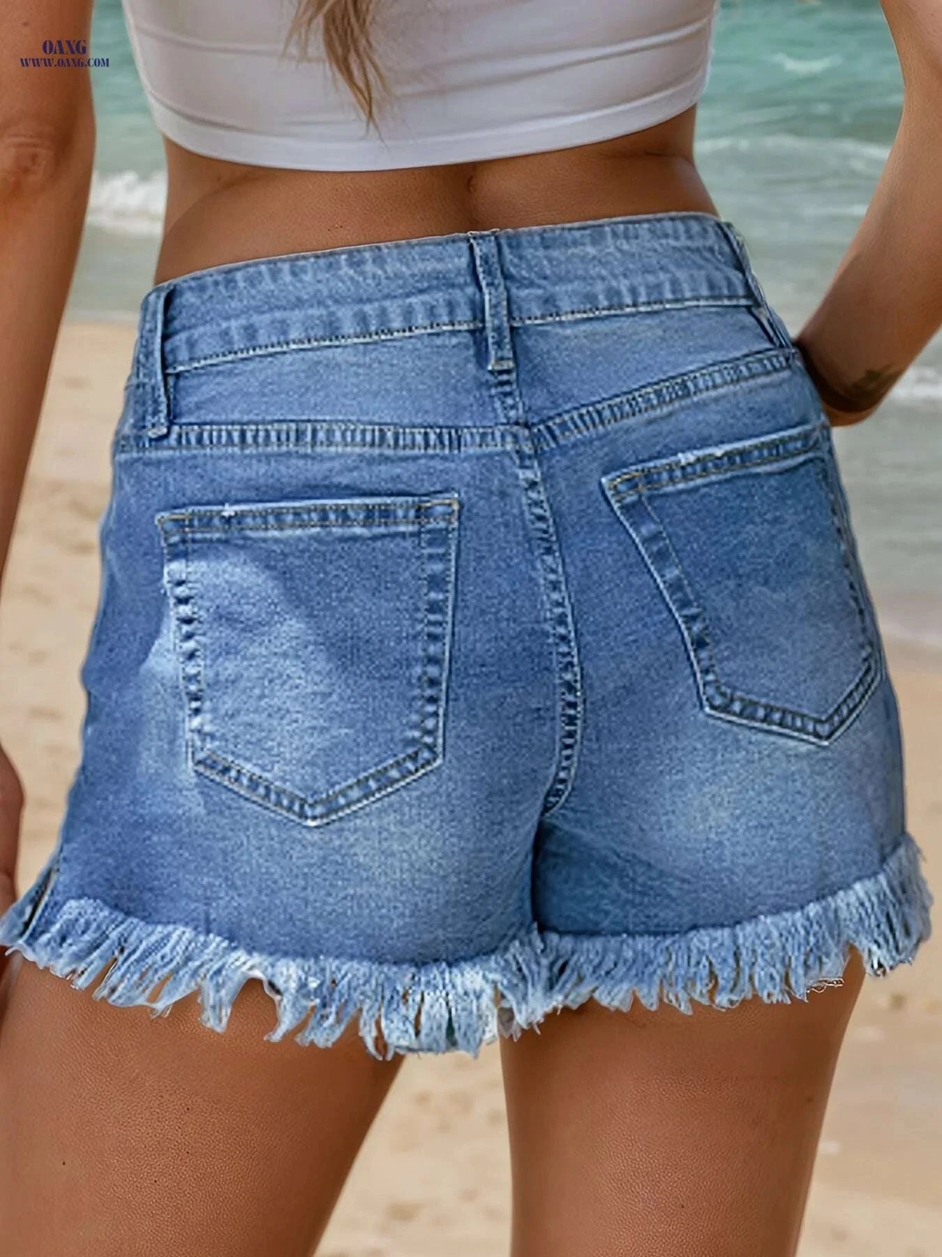 Women's High-Stretch Denim Shorts - Elastic Waist, Fringe Hem Design   OAXG 