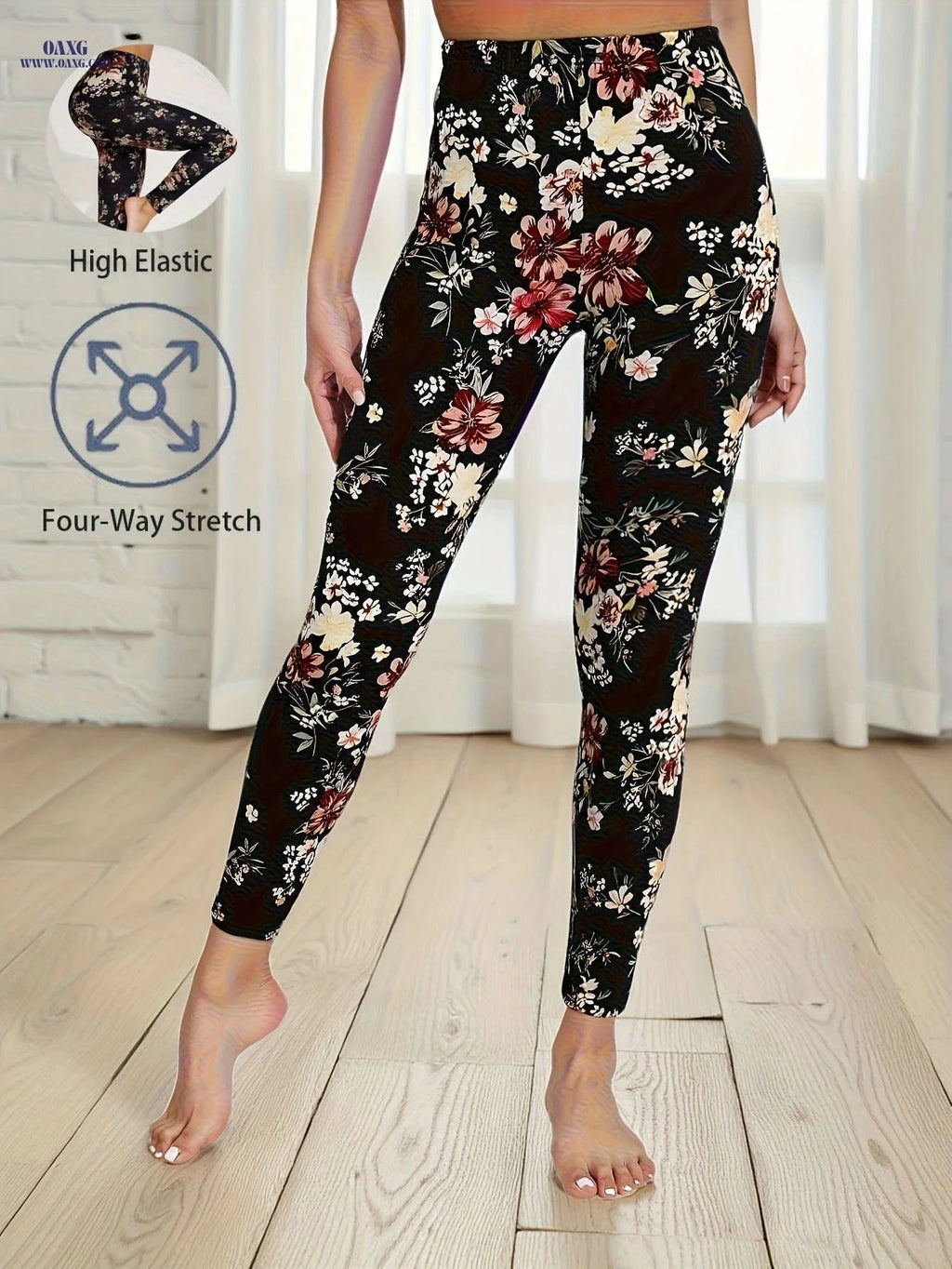 Women's High Stretch Floral Leggings - Cropped Casual Fit Trousers   OAXG Black / S