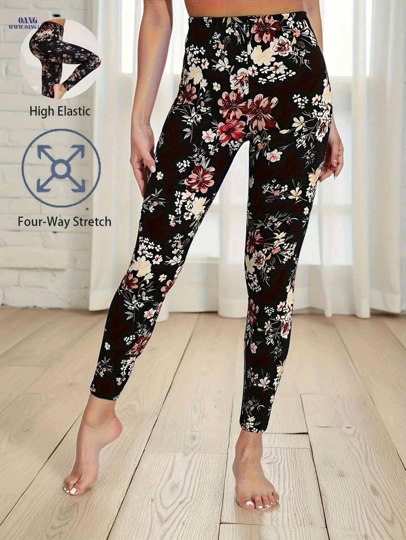 Women's High Stretch Floral Leggings - Cropped Casual Fit Trousers   OAXG Black / S
