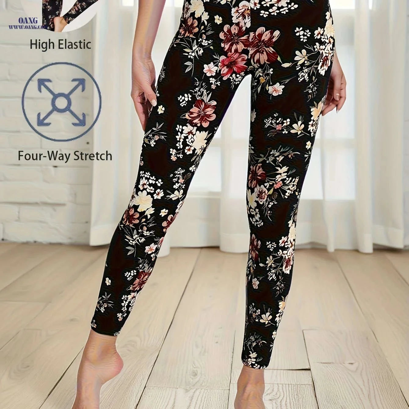 Women's High Stretch Floral Leggings - Cropped Casual Fit Trousers   OAXG Black / S