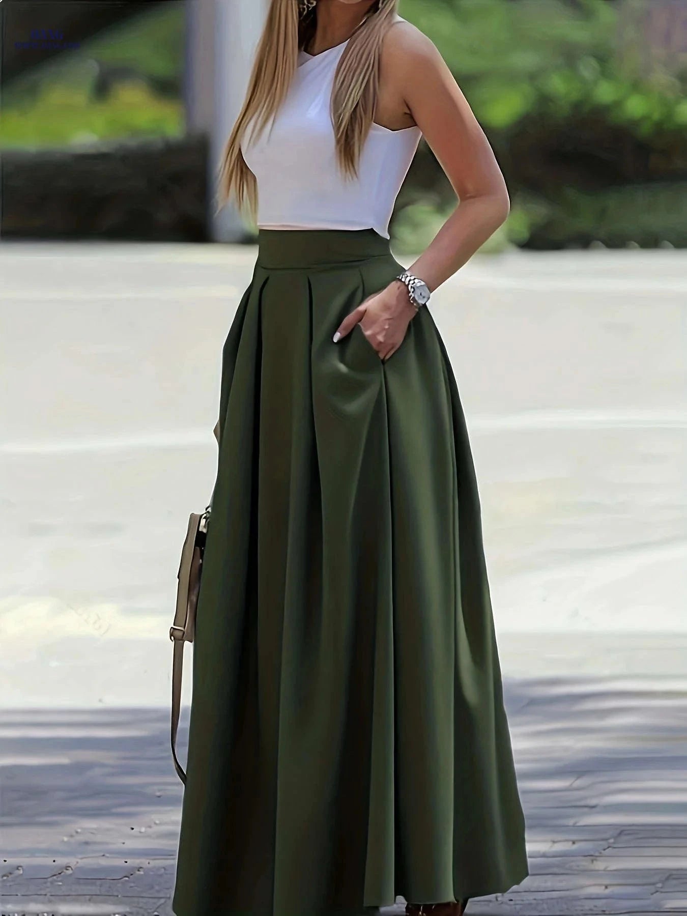 Women's High-Waist A-Line Skirt - Solid Color Flowy Design   OAXG Black / XS