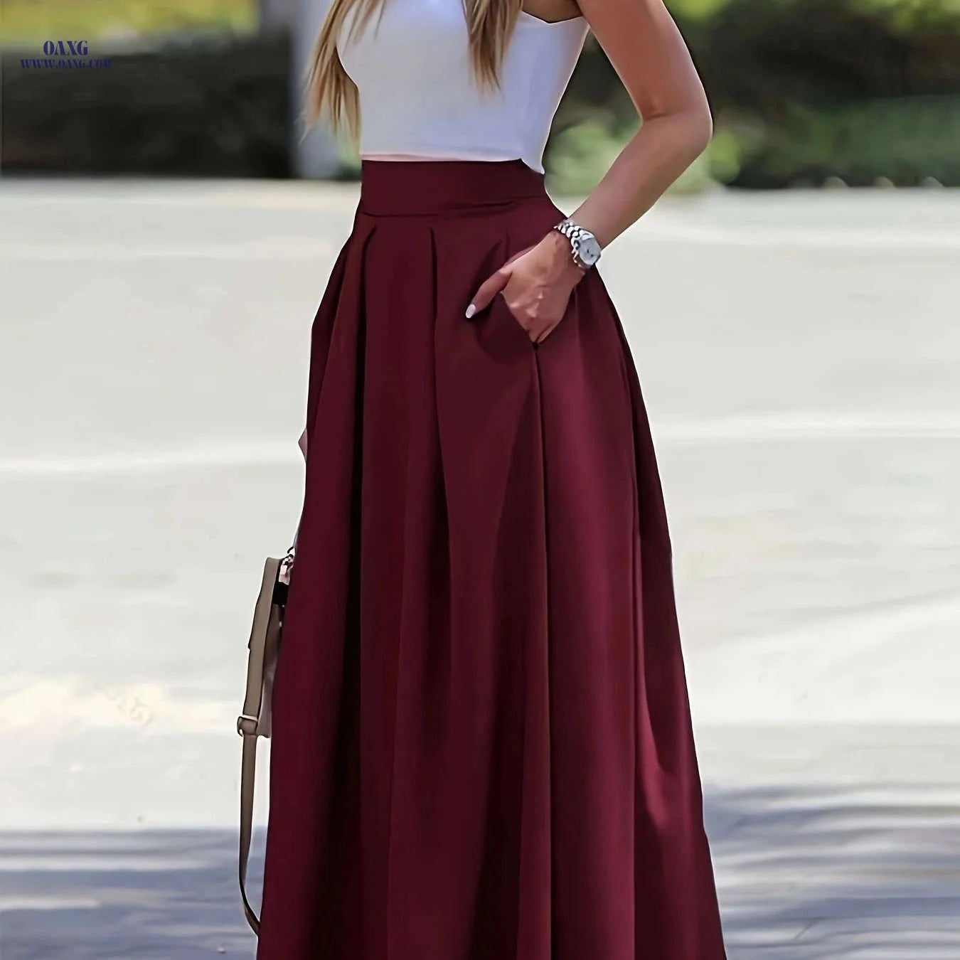 Women's High-Waist A-Line Skirt - Solid Color Flowy Design   OAXG Black / XS