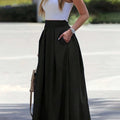 Women's High-Waist A-Line Skirt - Solid Color Flowy Design   OAXG 
