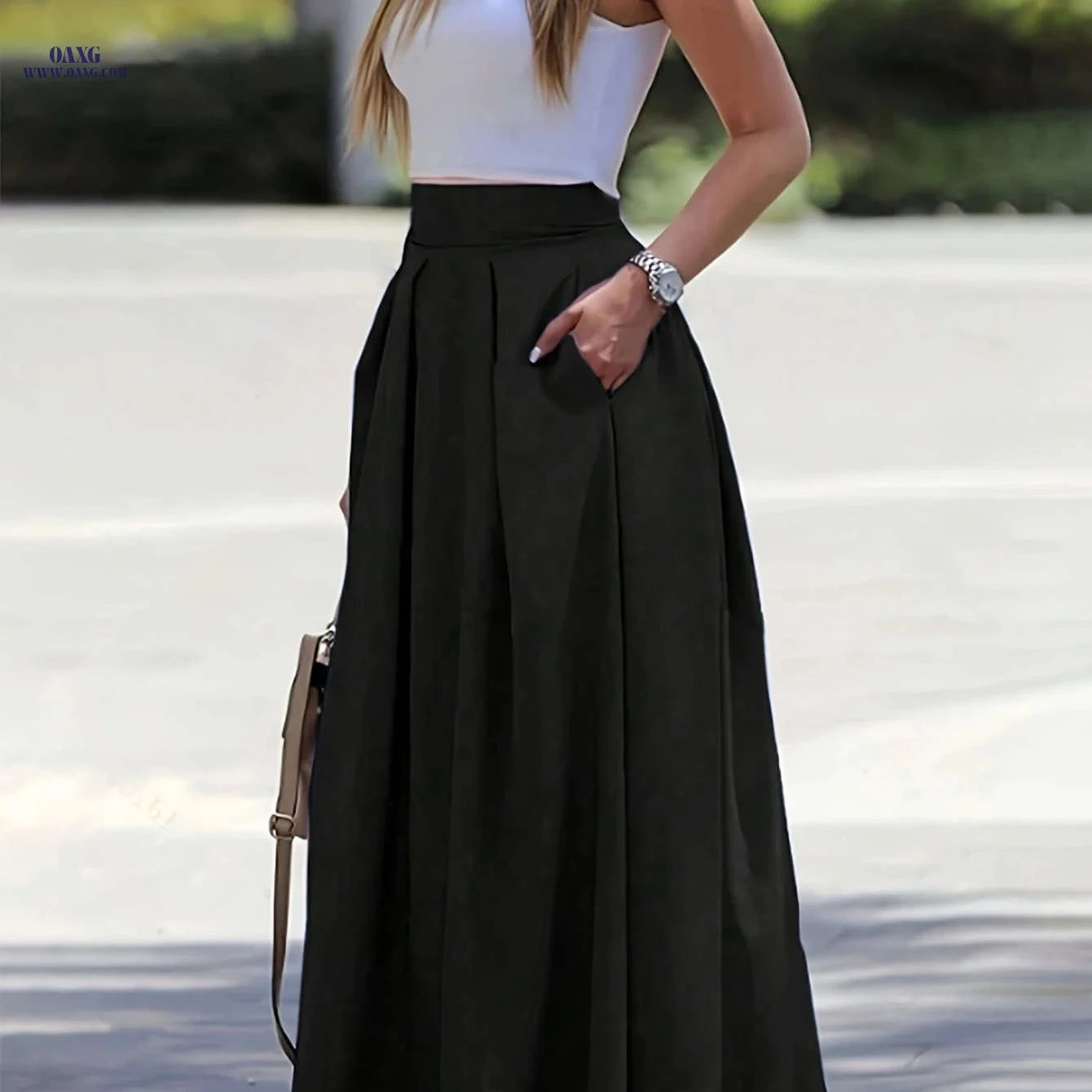 Women's High-Waist A-Line Skirt - Solid Color Flowy Design   OAXG 