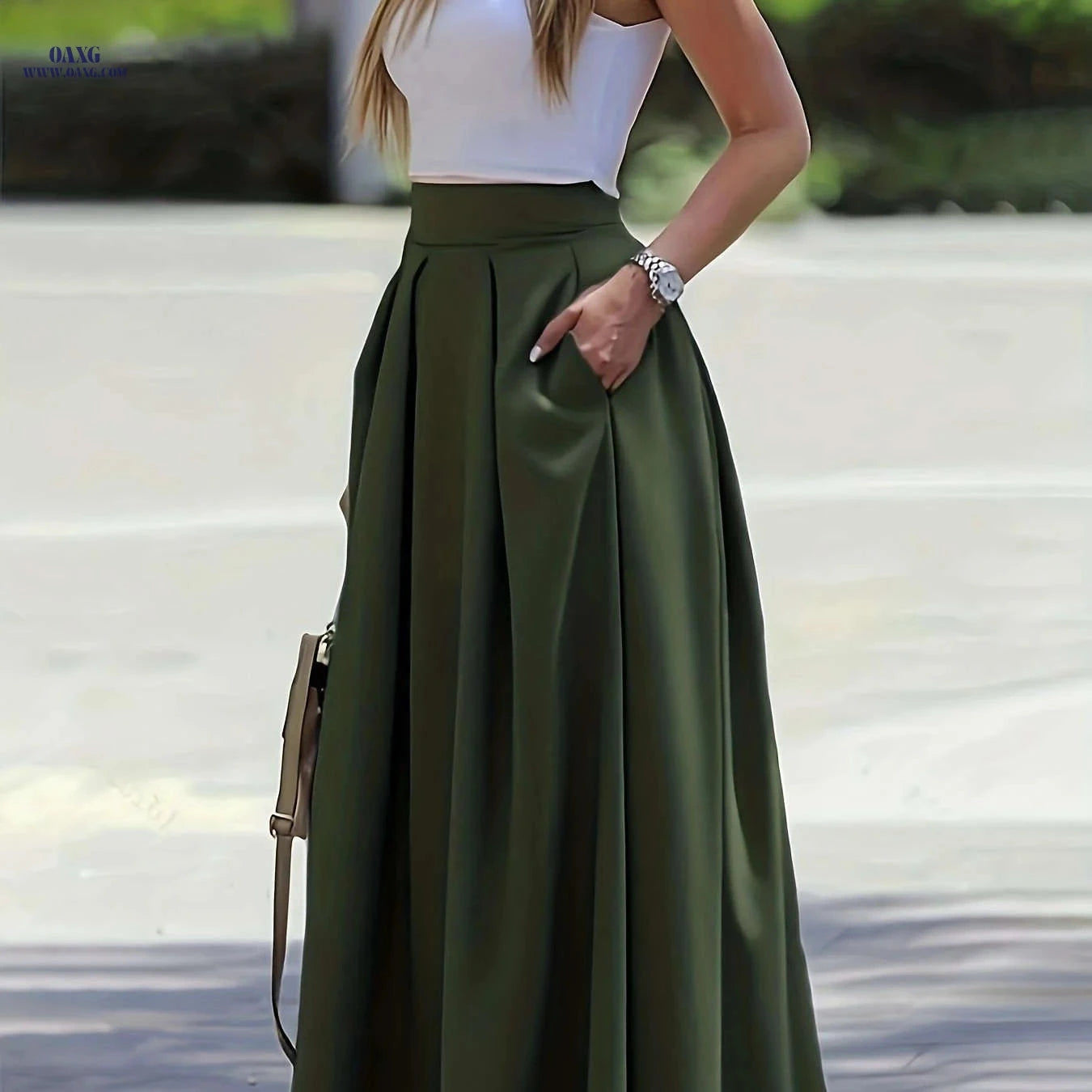 Women's High-Waist A-Line Skirt - Solid Color Flowy Design   OAXG 