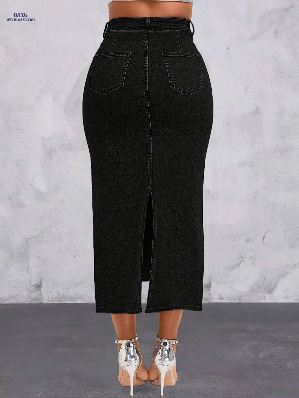 Women's High Waist Black Denim Skirt - Bodycon Maxi with Split   OAXG Black / XS
