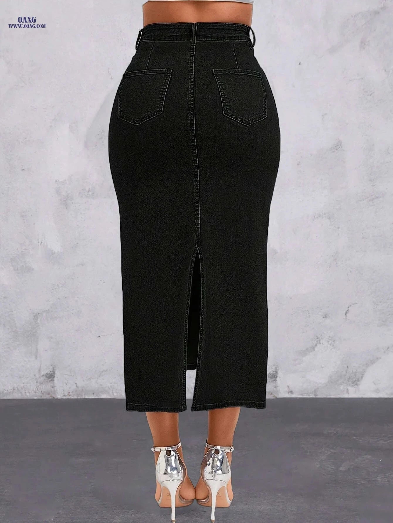 Women's High Waist Black Denim Skirt - Bodycon Maxi with Split   OAXG Black / XS