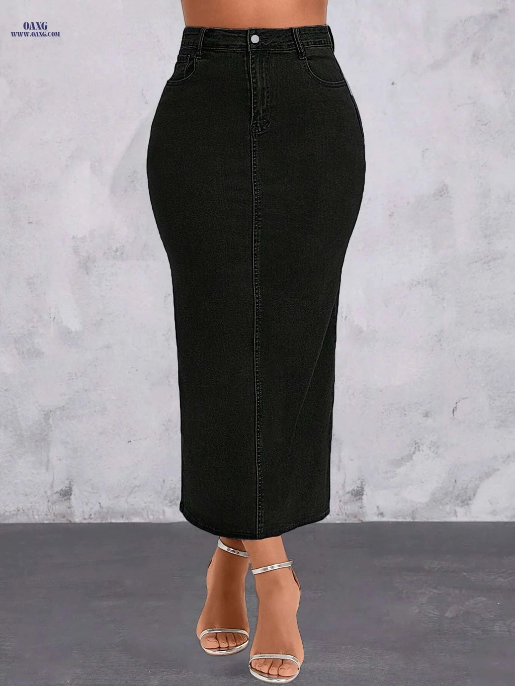 Women's High Waist Black Denim Skirt - Bodycon Maxi with Split   OAXG Black / XS