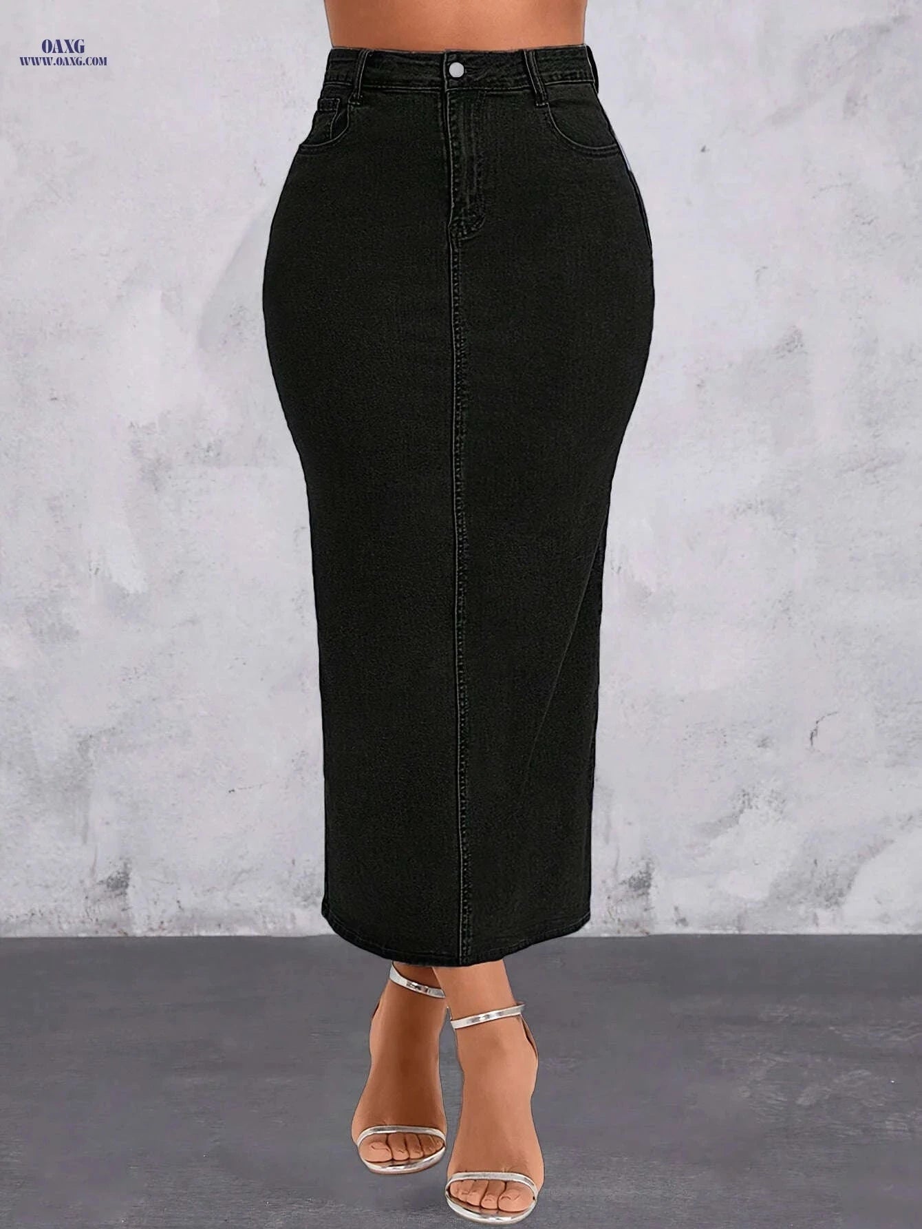 Women's High Waist Black Denim Skirt - Bodycon Maxi with Split   OAXG Black / XS