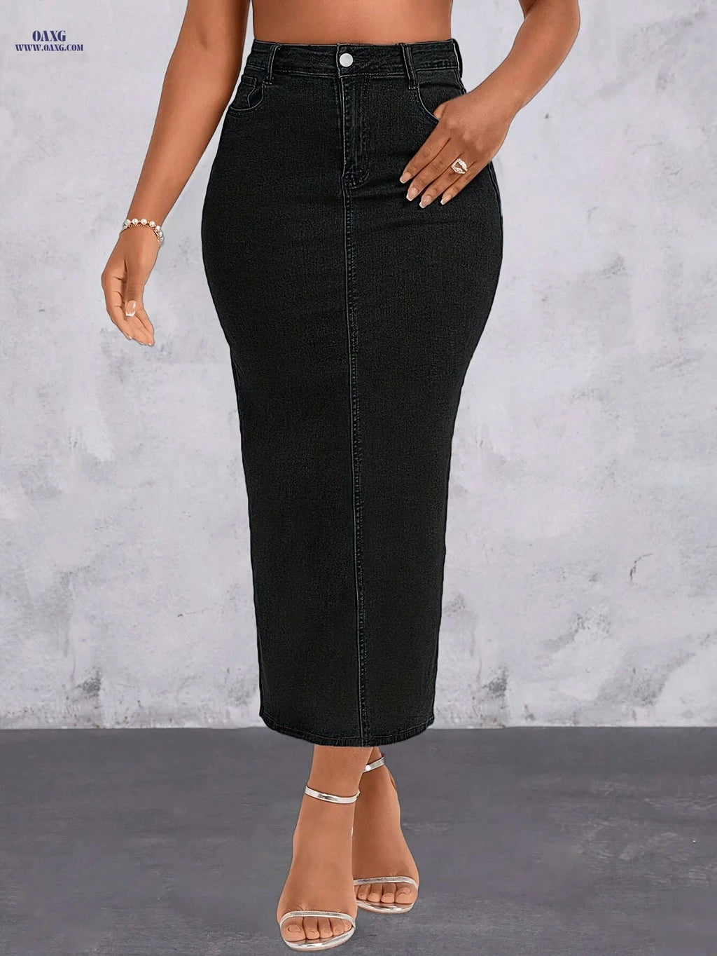 Women's High Waist Black Denim Skirt - Bodycon Maxi with Split   OAXG Black / XS