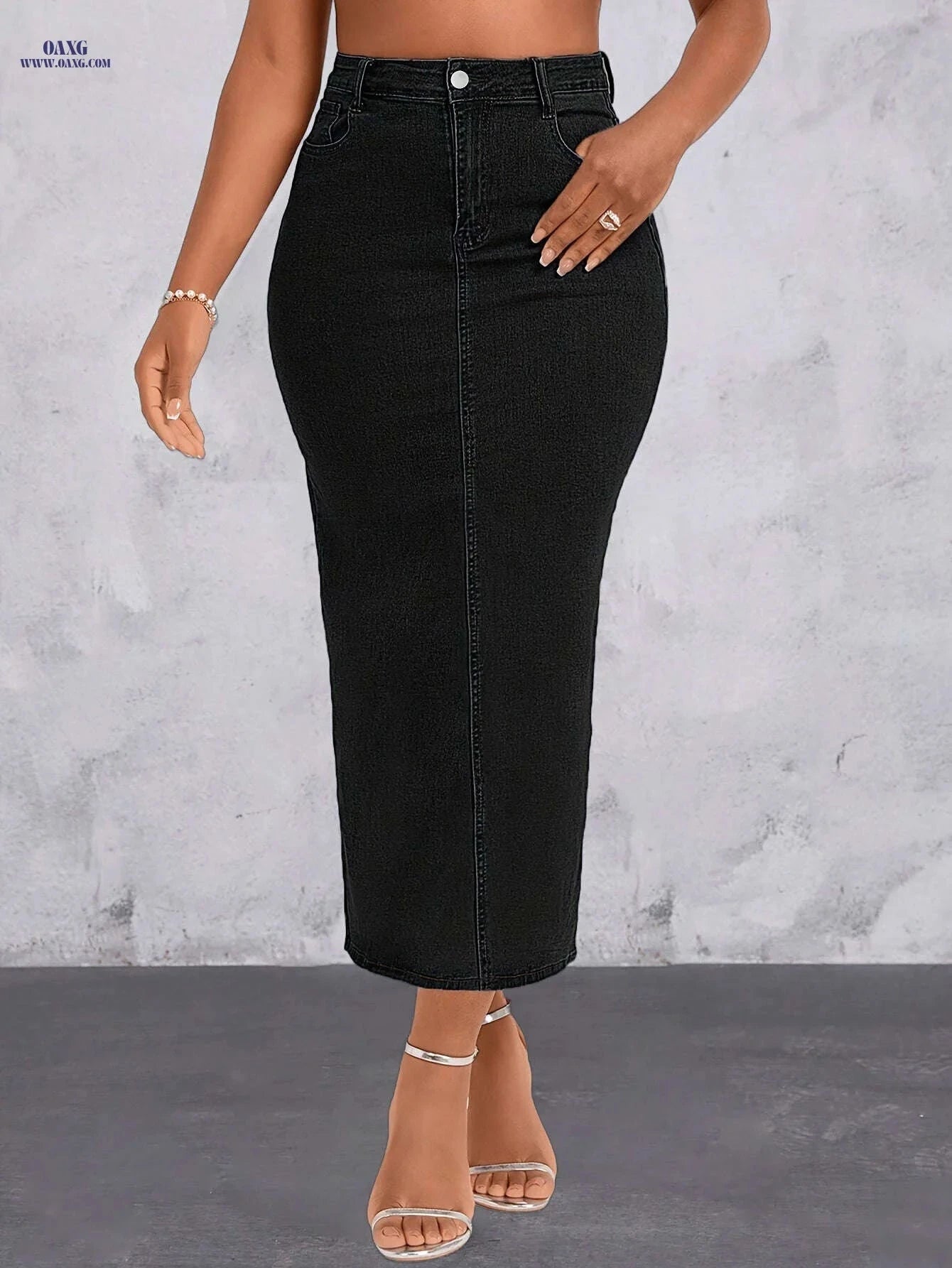 Women's High Waist Black Denim Skirt - Bodycon Maxi with Split   OAXG Black / XS