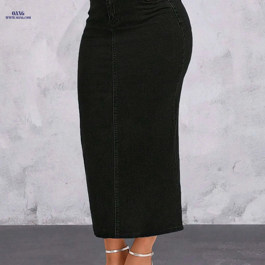 Women's High Waist Black Denim Skirt - Bodycon Maxi with Split   OAXG Black / XS