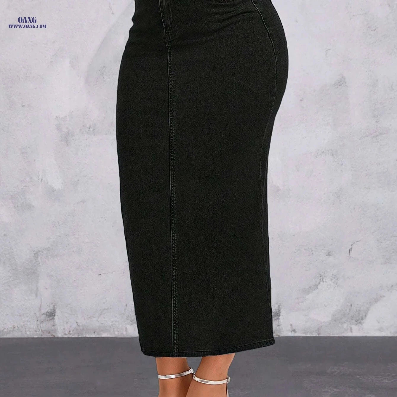 Women's High Waist Black Denim Skirt - Bodycon Maxi with Split   OAXG Black / XS