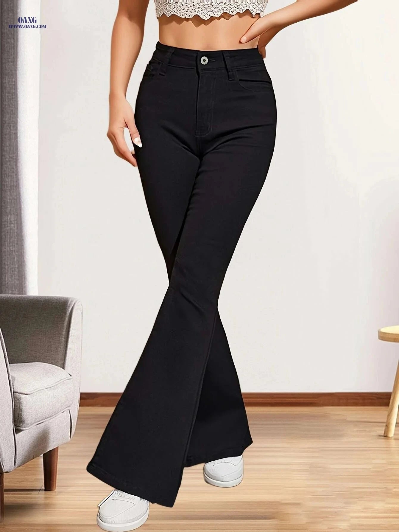 Women's High-Waist Black Flare Jeans - Stretch Denim, Casual Fit   OAXG 