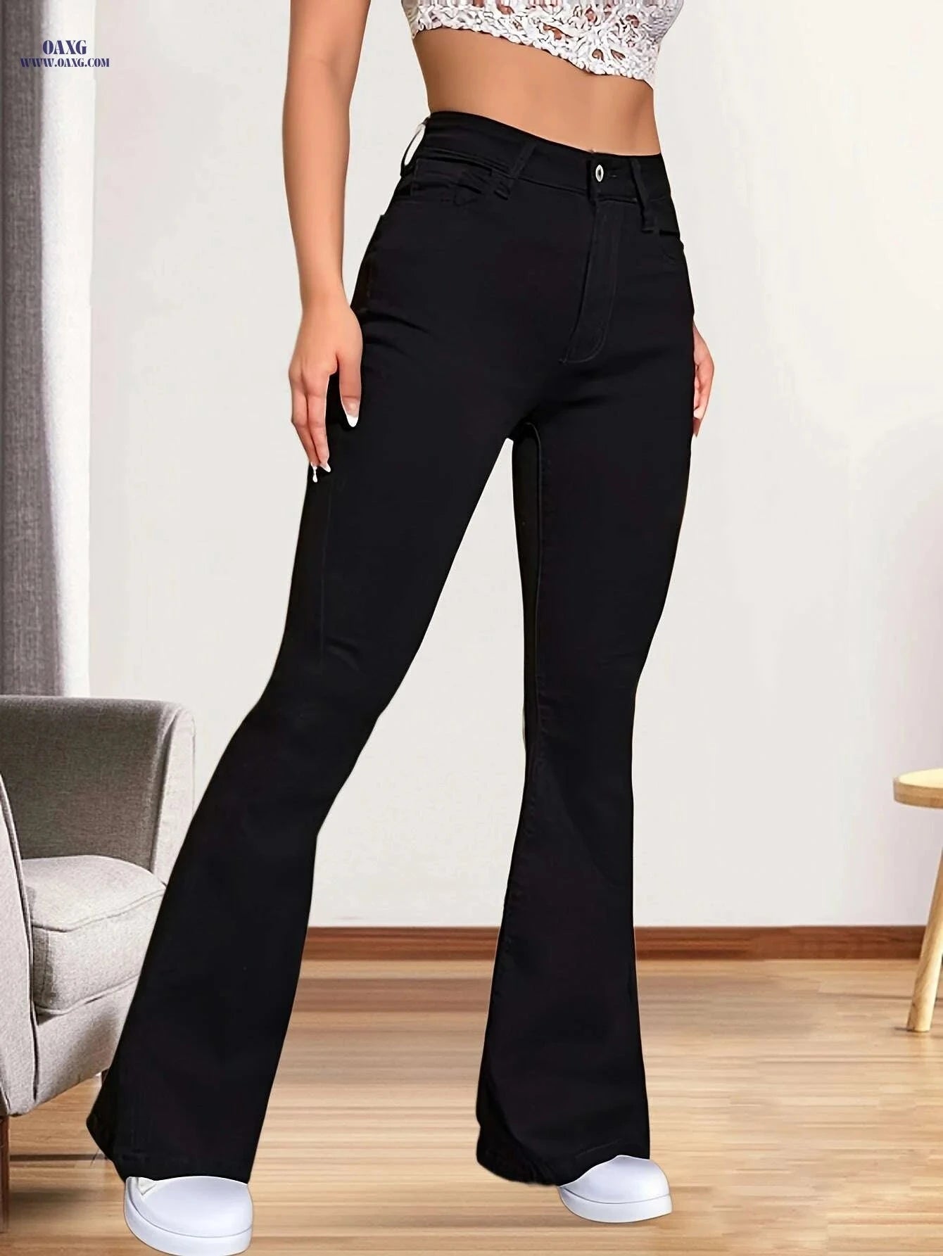 Women's High-Waist Black Flare Jeans - Stretch Denim, Casual Fit   OAXG 