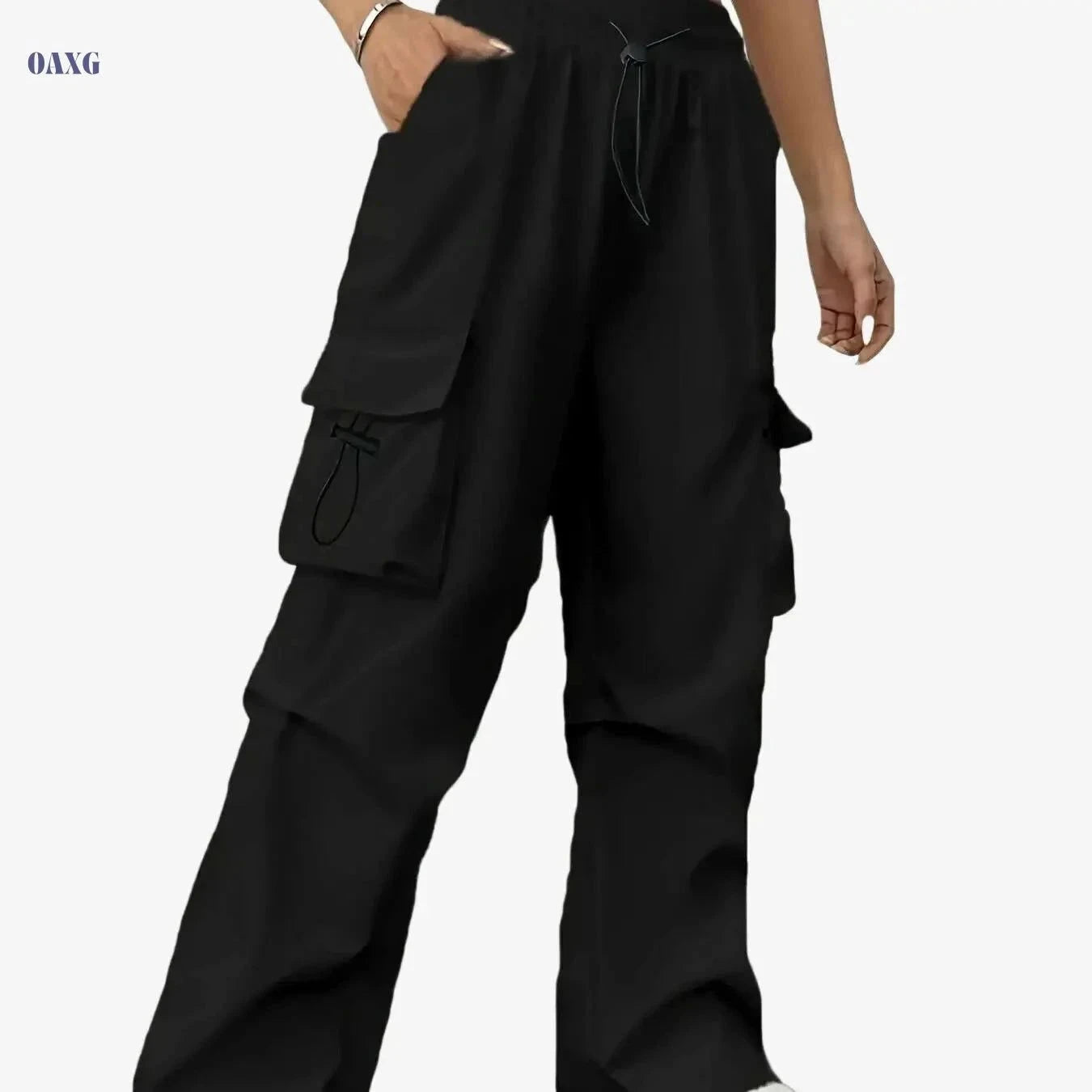 Women's High-Waist Cargo Pants - Vintage Style with Large Pockets   OAXG Black / S