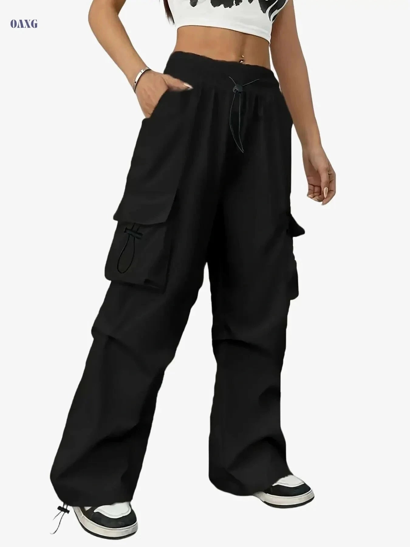 Women's High-Waist Cargo Pants - Vintage Style with Large Pockets   OAXG Black / S