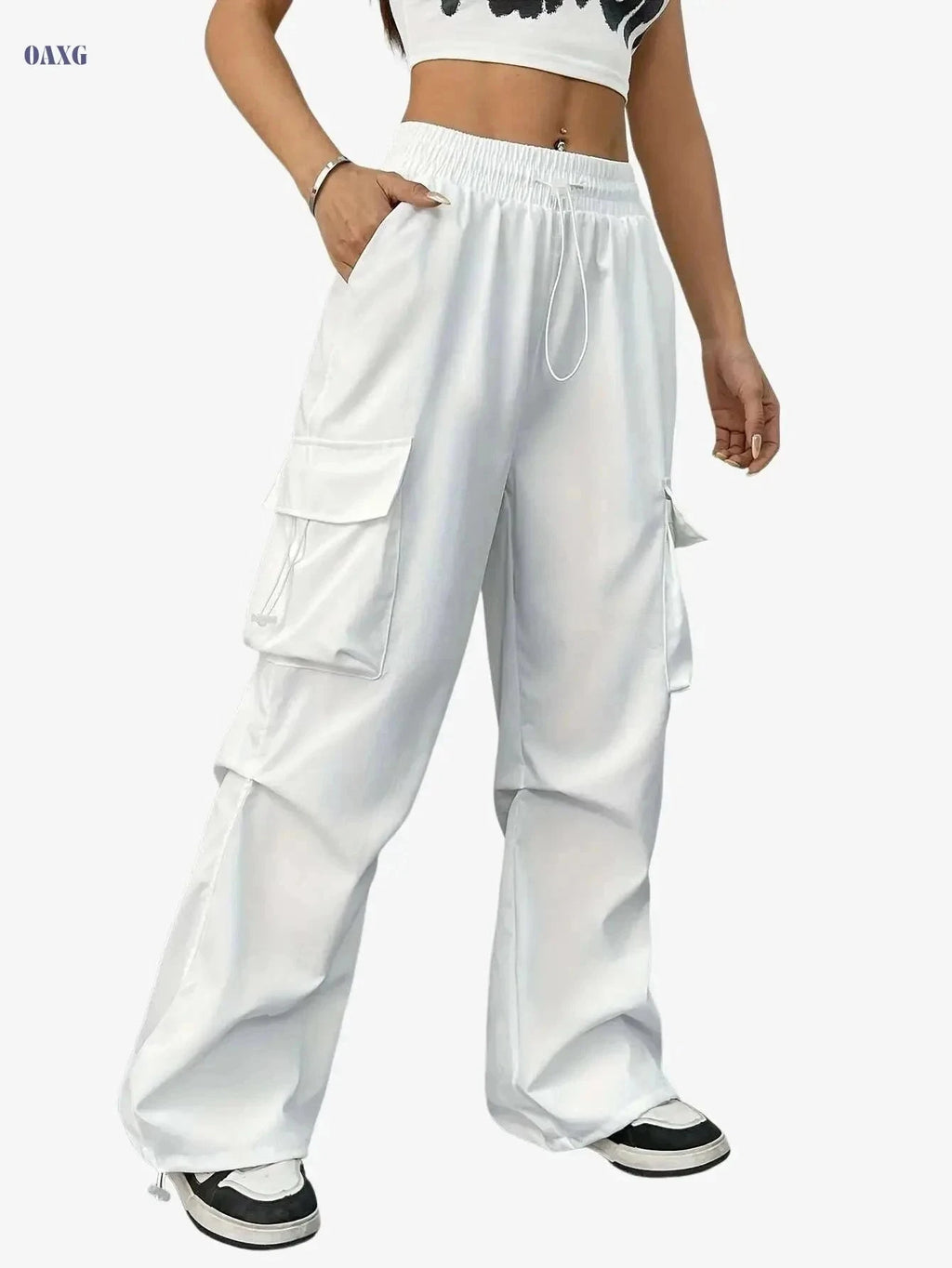 Women's High-Waist Cargo Pants - Vintage Style with Large Pockets   OAXG Black / S