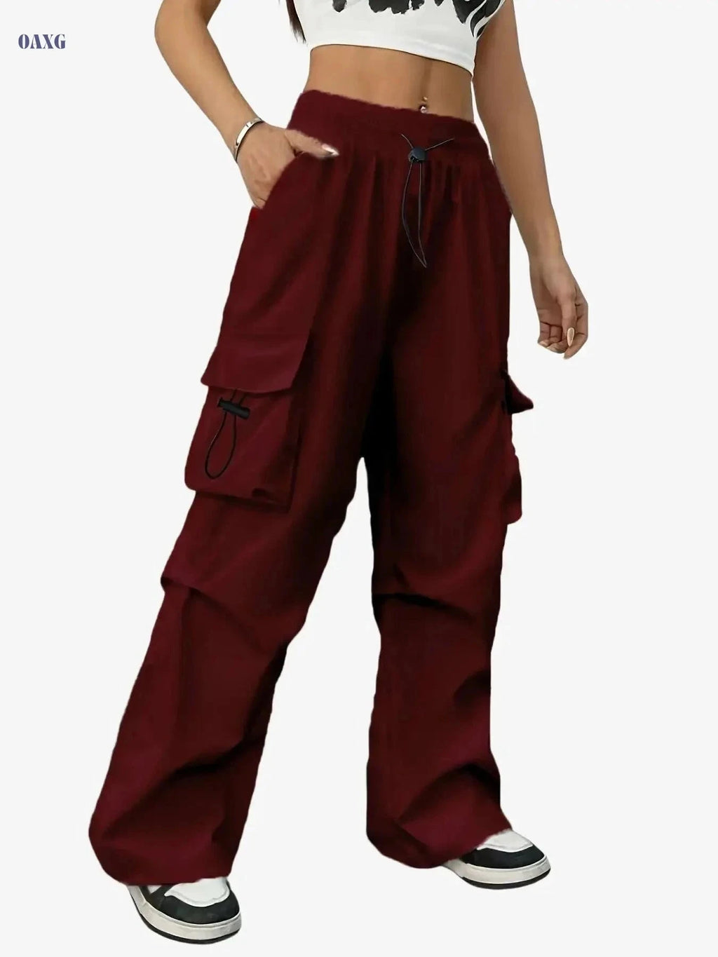 Women's High-Waist Cargo Pants - Vintage Style with Large Pockets   OAXG Black / S
