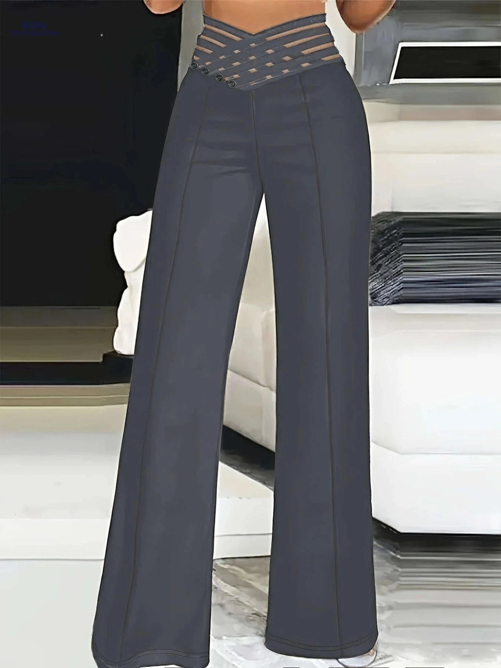 Women's High-Waist Cut-Out Straight-Leg Pants - Casual Polyester Trousers   OAXG 