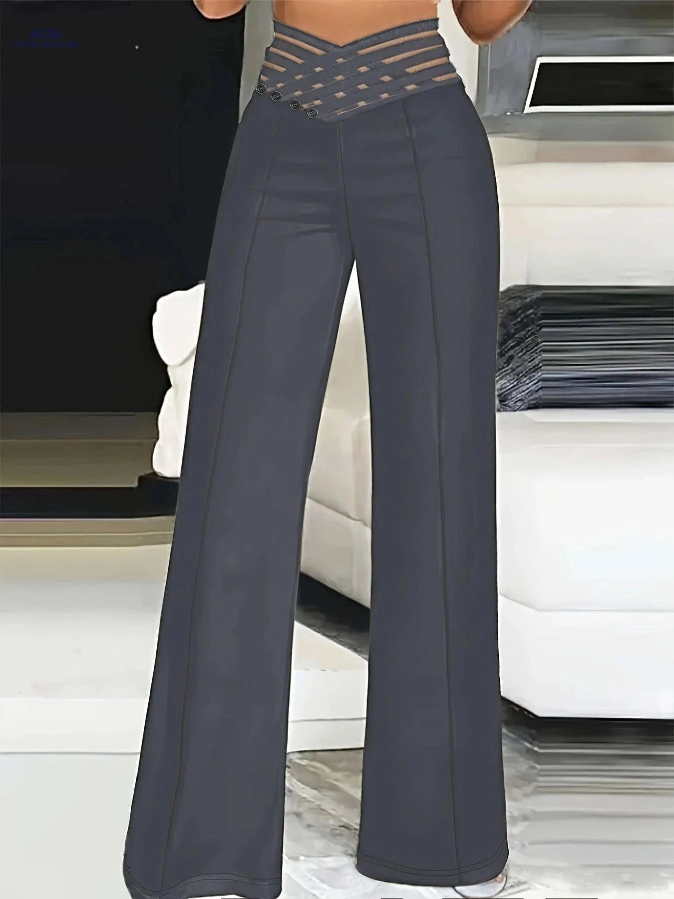 Women's High-Waist Cut-Out Straight-Leg Pants - Casual Polyester Trousers   OAXG 