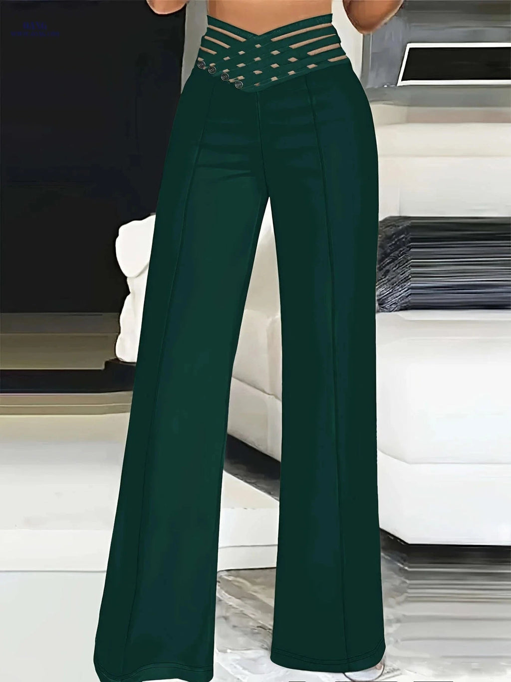 Women's High-Waist Cut-Out Straight-Leg Pants - Casual Polyester Trousers   OAXG 