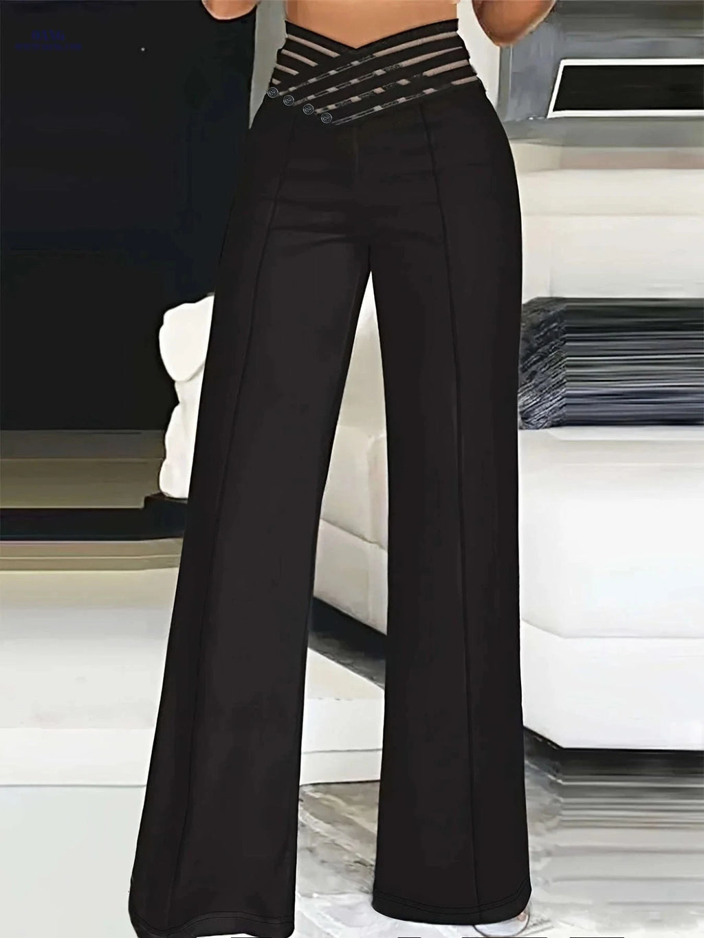 Women's High-Waist Cut-Out Straight-Leg Pants - Casual Polyester Trousers   OAXG 