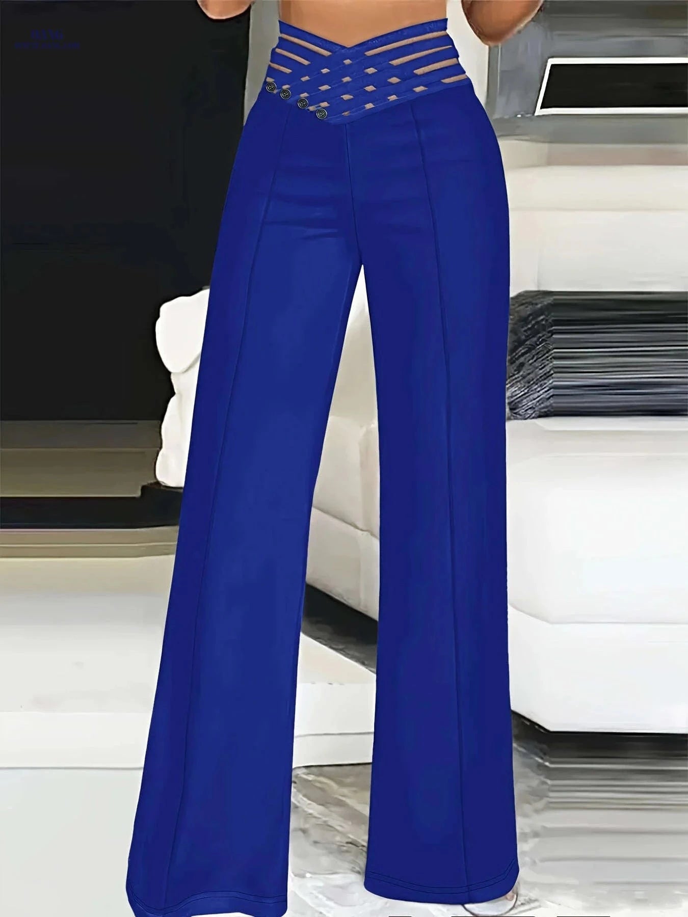 Women's High-Waist Cut-Out Straight-Leg Pants - Casual Polyester Trousers   OAXG 