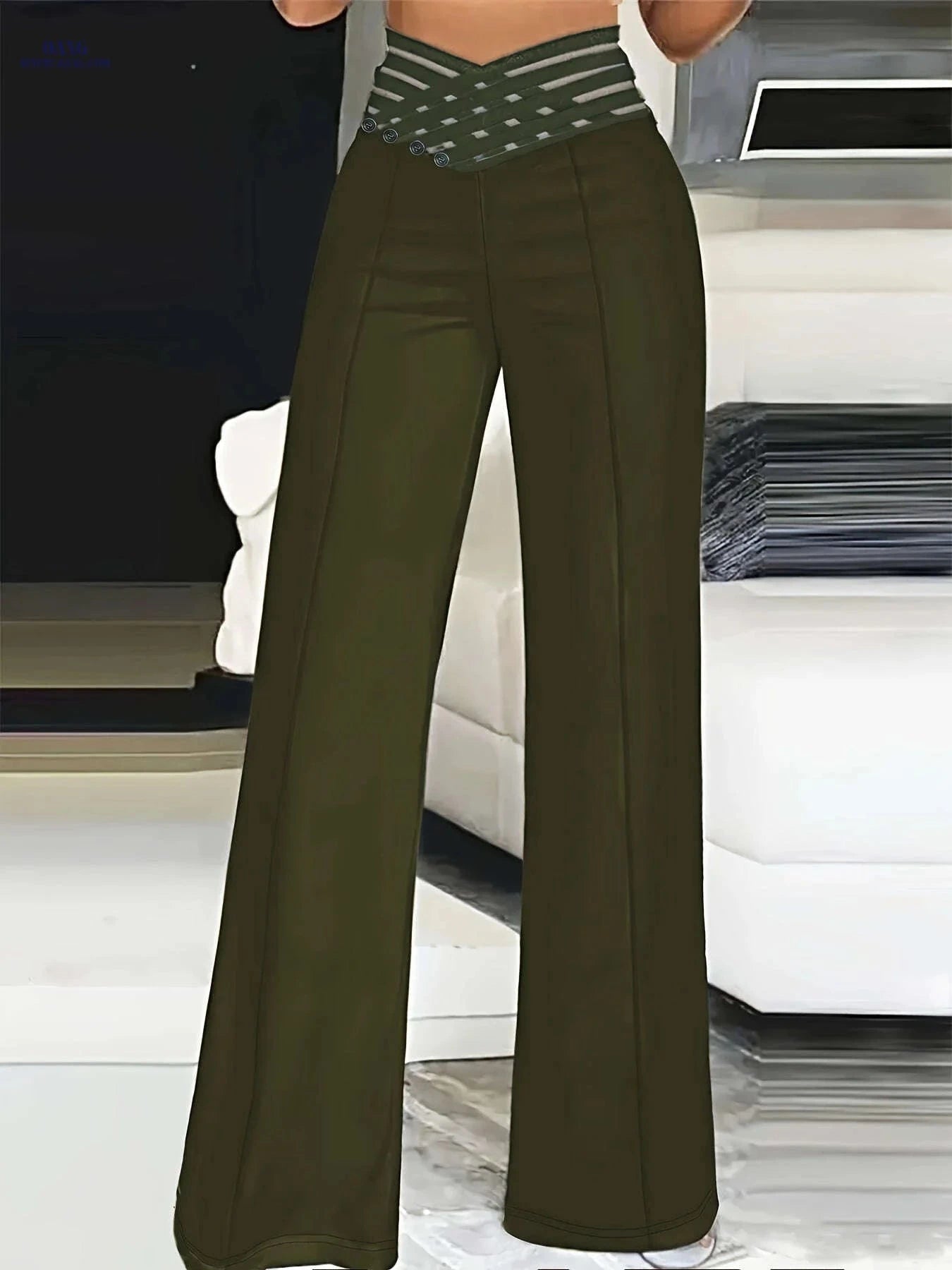 Women's High-Waist Cut-Out Straight-Leg Pants - Casual Polyester Trousers   OAXG 