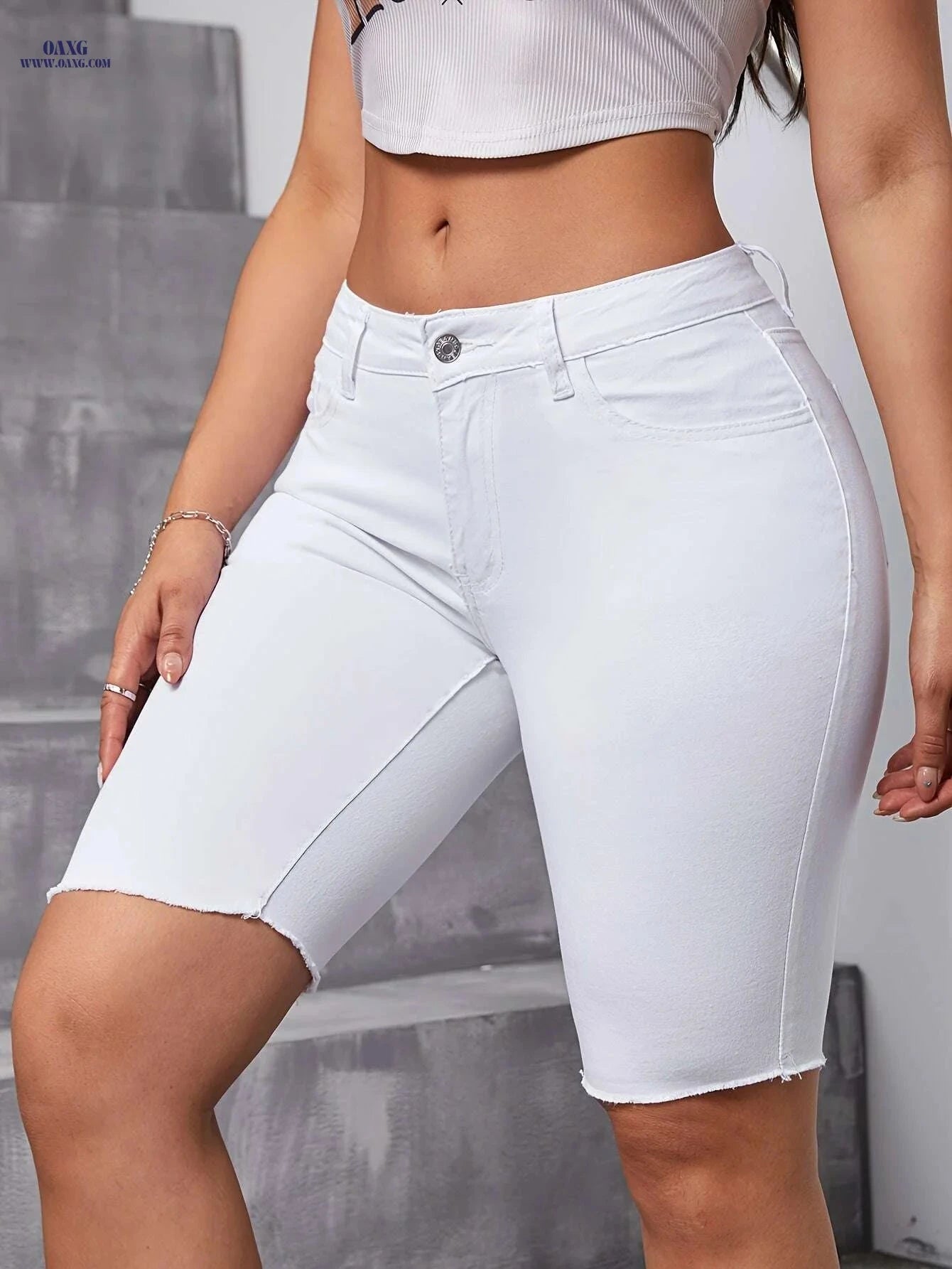Women's High-Waist Denim Bermuda Shorts - Slim-Fit, Versatile Style   OAXG 