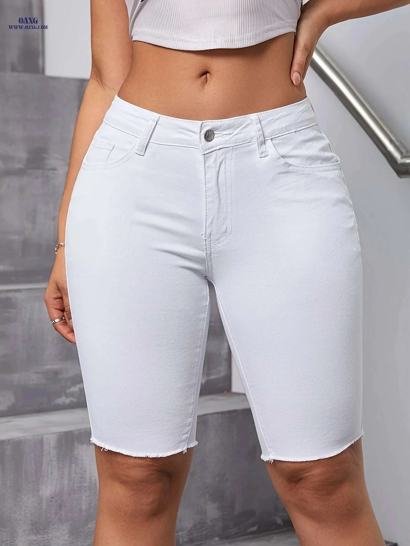 Women's High-Waist Denim Bermuda Shorts - Slim-Fit, Versatile Style   OAXG 
