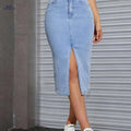 Women's High-Waist Denim Bodycon Skirt - Slim Fit with Side Slit   OAXG 