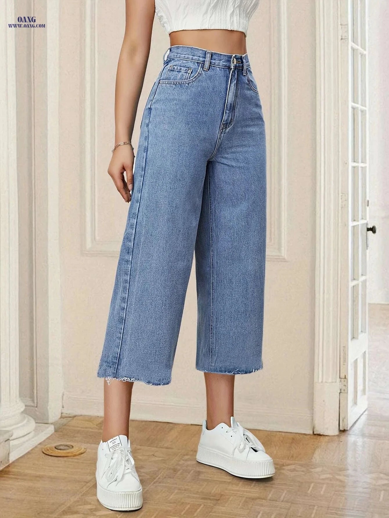 Women's High-Waist Denim Capri Pants - Light Blue Casual Wide-Leg   OAXG 
