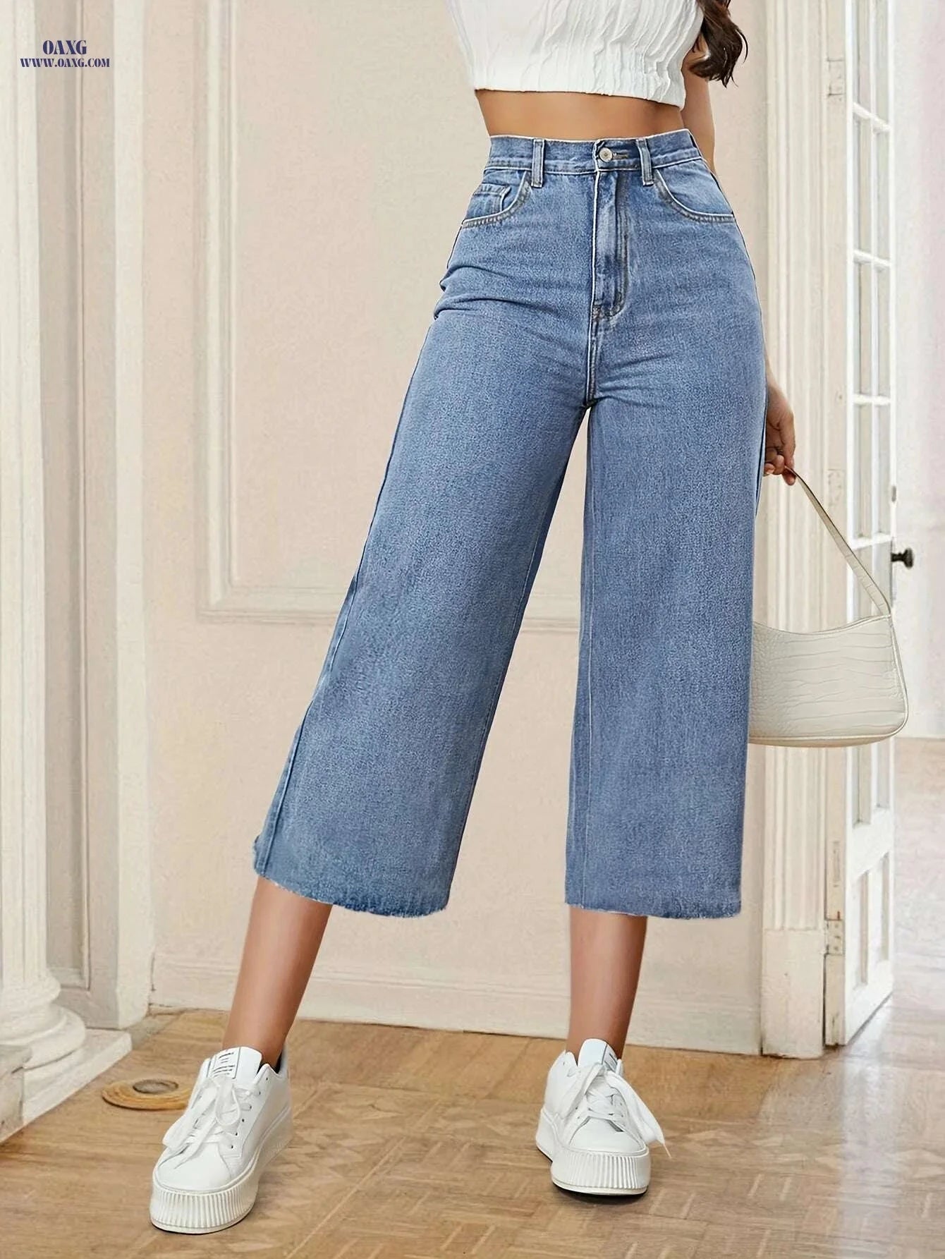 Women's High-Waist Denim Capri Pants - Light Blue Casual Wide-Leg   OAXG 
