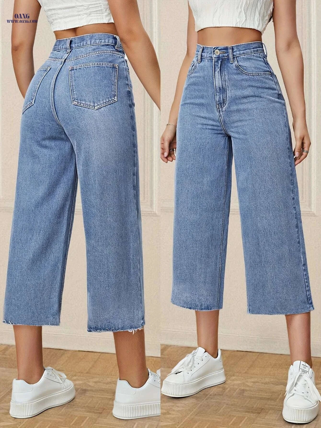 Women's High-Waist Denim Capri Pants - Light Blue Casual Wide-Leg   OAXG 
