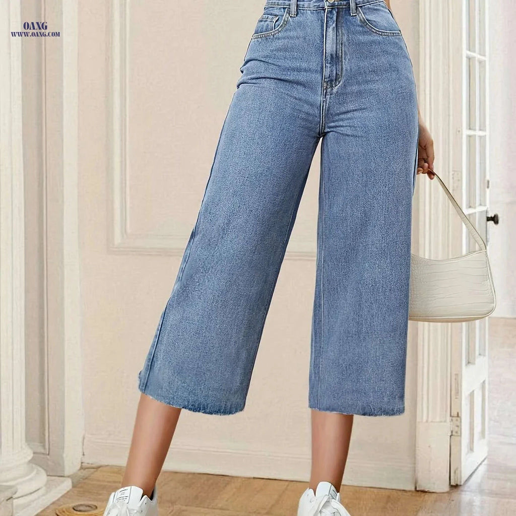 Women's High-Waist Denim Capri Pants - Light Blue Casual Wide-Leg   OAXG 